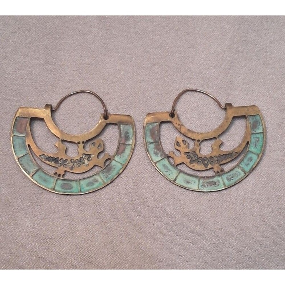 Vintage Brass Lizard Earrings Oxidized Green Signed